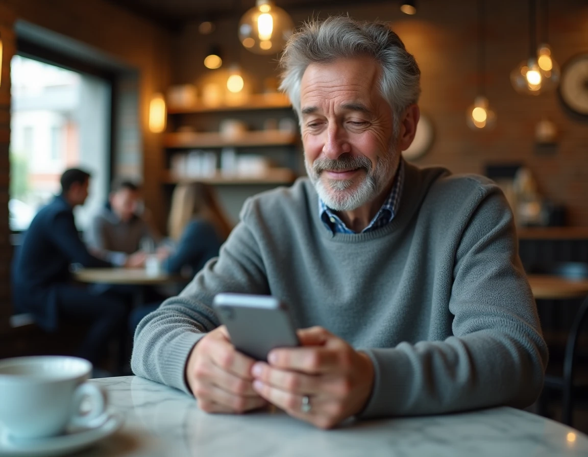 Homme accédant à son espace client BNP Paribas sur smartphone dans un café