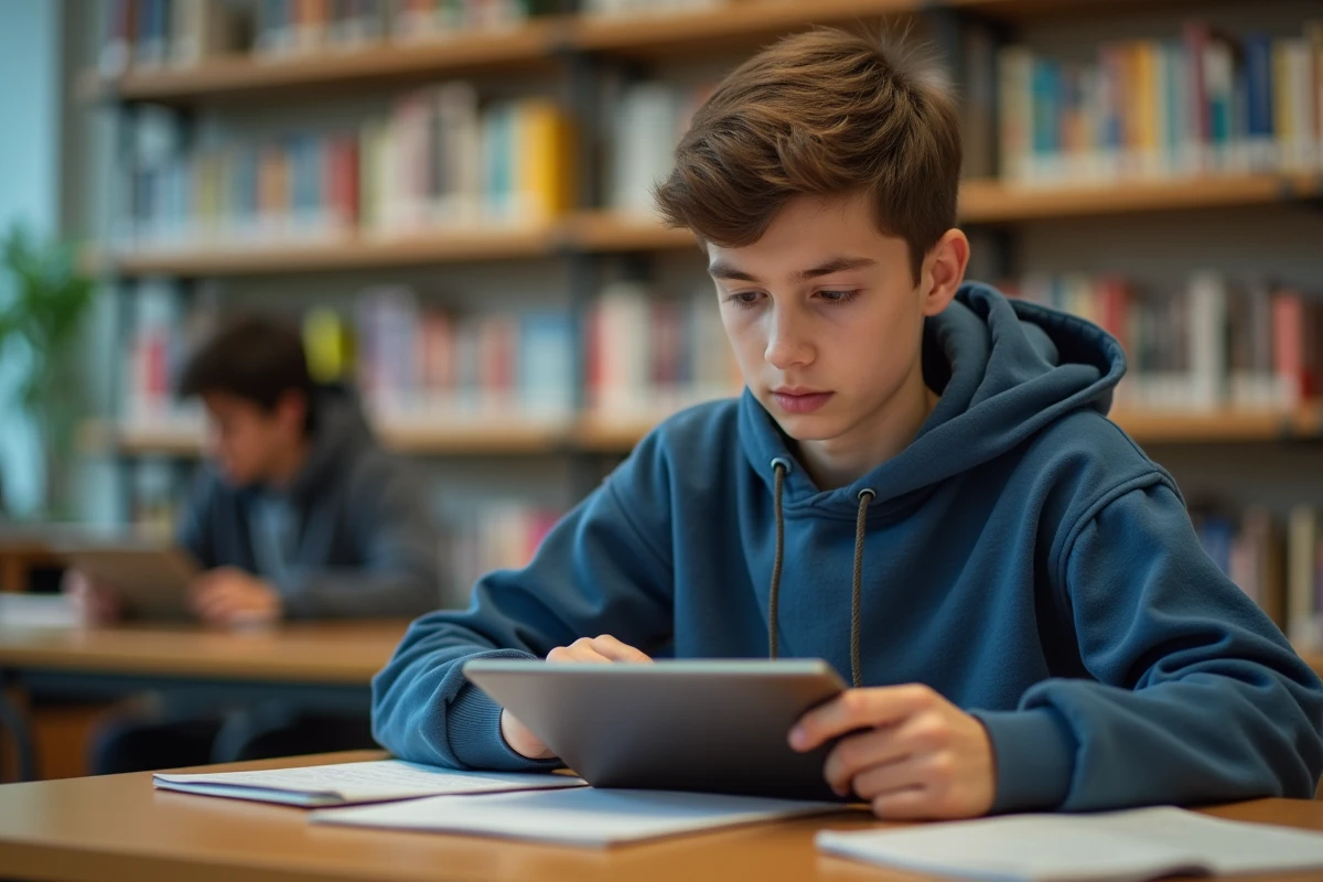 Adolescent en hoodie utilisant une tablette à la bibliothèque