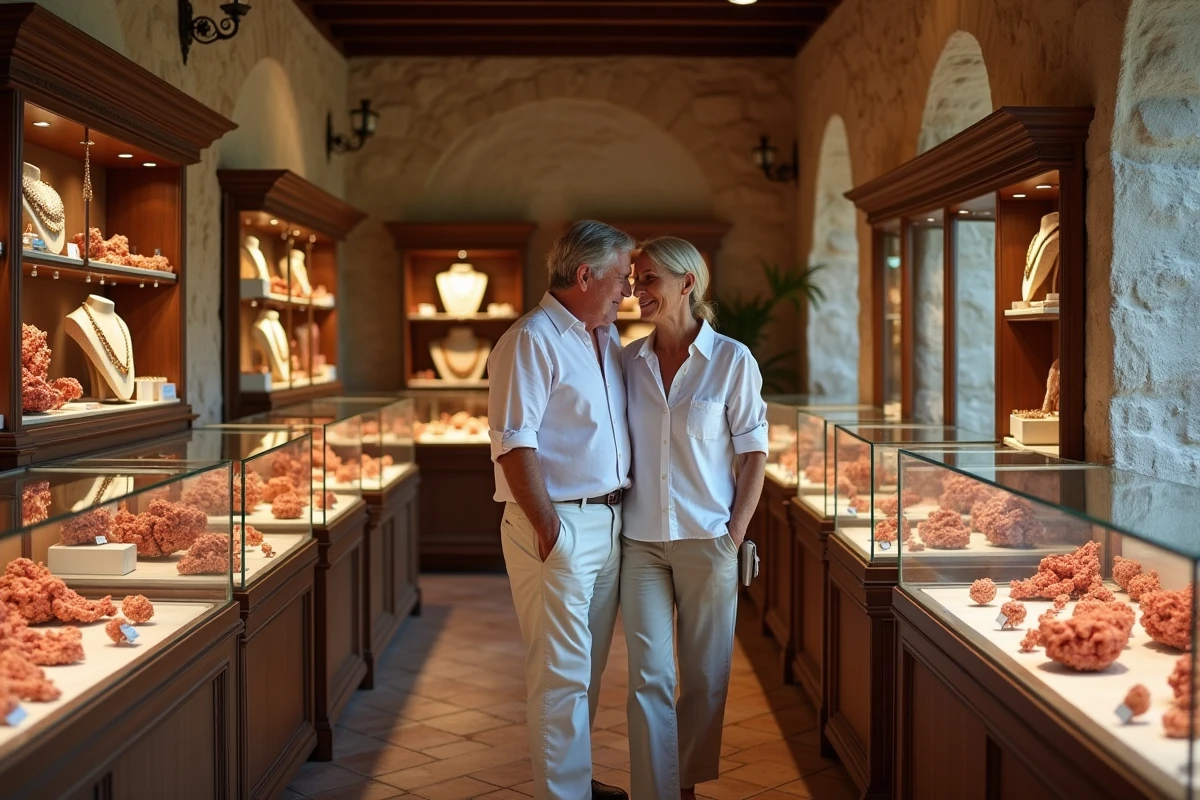 Couple explorant une boutique de bijoux en corail et filigrane d'argent sarde dans une ville côtière de Sardaigne