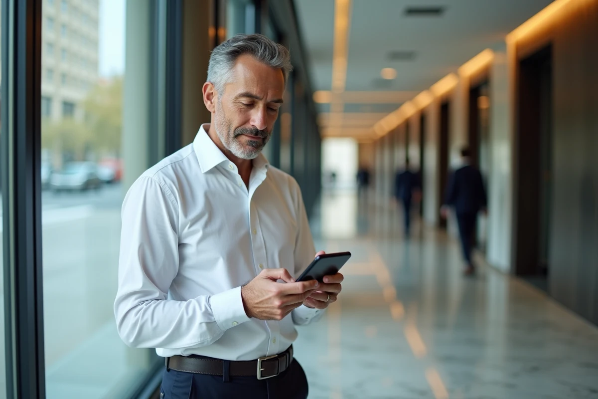 Cadre bancaire BNP Paribas consultant sa fiche de paie sur smartphone via l'application Alis dans les couloirs de la banque