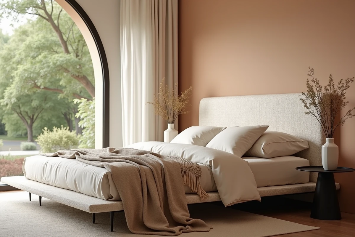 Chambre cocon moderne avec tête de lit en bouclé crème, literie en coton naturel et fenêtre arrondie avec rideaux en lin pour une ambiance apaisante