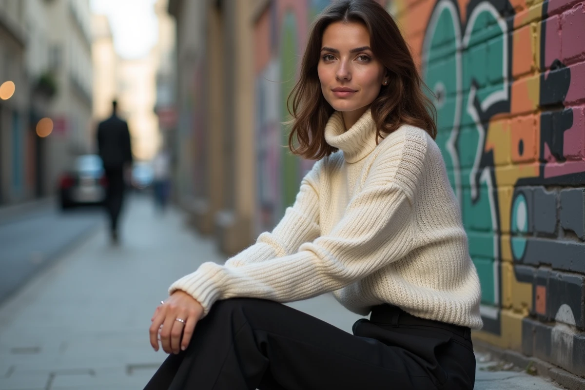 Jeune chanteuse française assise dans un quartier street art de Paris, portrait éditorial authentique