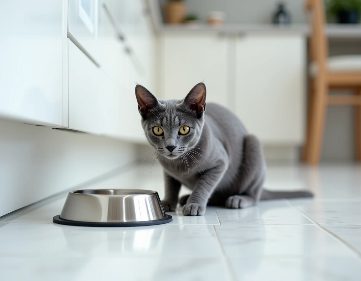Chat gris devant sa gamelle dans une cuisine moderne blanche