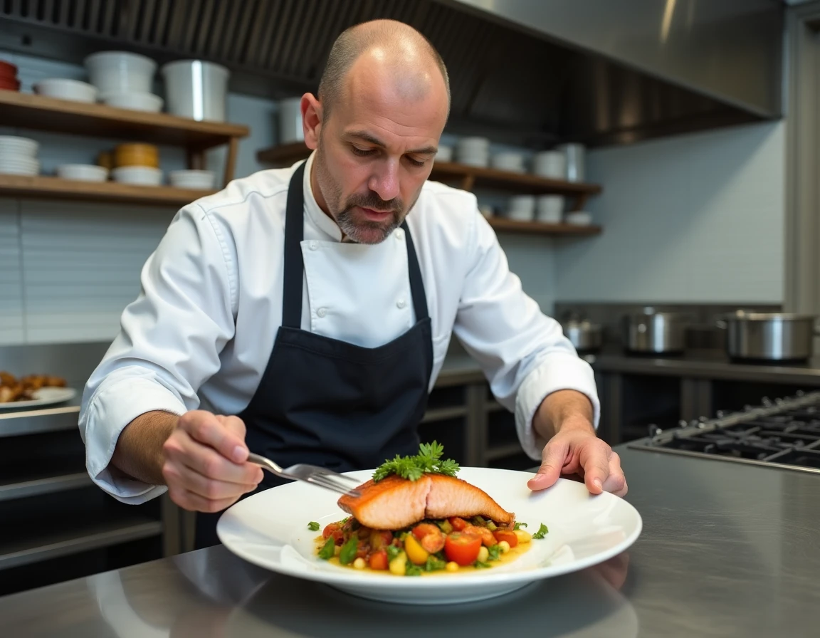 Un chef cuisinier préparant un repas équilibré pour les résidents seniors dans la cuisine d'une résidence services