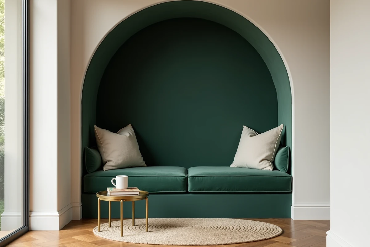 Coin lecture douillet en alcôve avec banquette en velours vert, coussins en lin et arche en plâtre blanc pour un intérieur cocon moderne