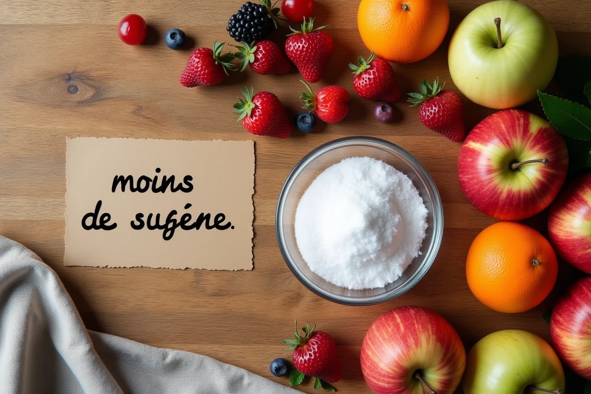 Composition à plat de fruits frais et de sucre raffiné sur une table en bois illustrant les quantités recommandées de sucre