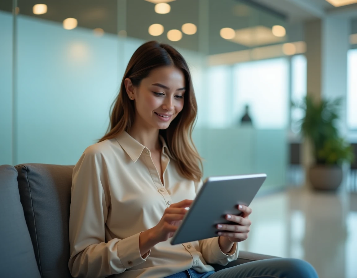 Jeune femme se connectant à son compte BNP Paribas sur tablette dans une agence bancaire