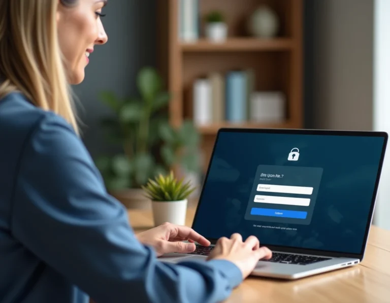 Femme connectée à son compte BNP Paribas en ligne depuis un bureau à domicile sur un ordinateur portable