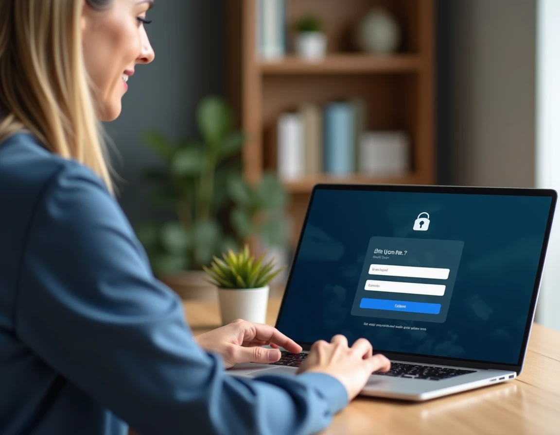 Femme connectée à son compte BNP Paribas en ligne depuis un bureau à domicile sur un ordinateur portable