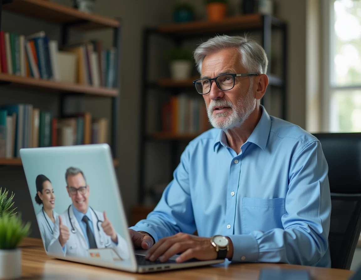 Homme en consultation médicale en ligne via ordinateur portable avec un médecin sur l'application Livi