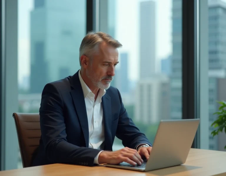 Homme professionnel rédigeant un email important sur un ordinateur portable dans un bureau moderne avec vue sur la ville