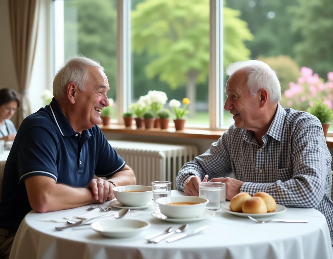 Deux résidents seniors partageant un repas convivial dans la salle à manger lumineuse d'une résidence Domitys