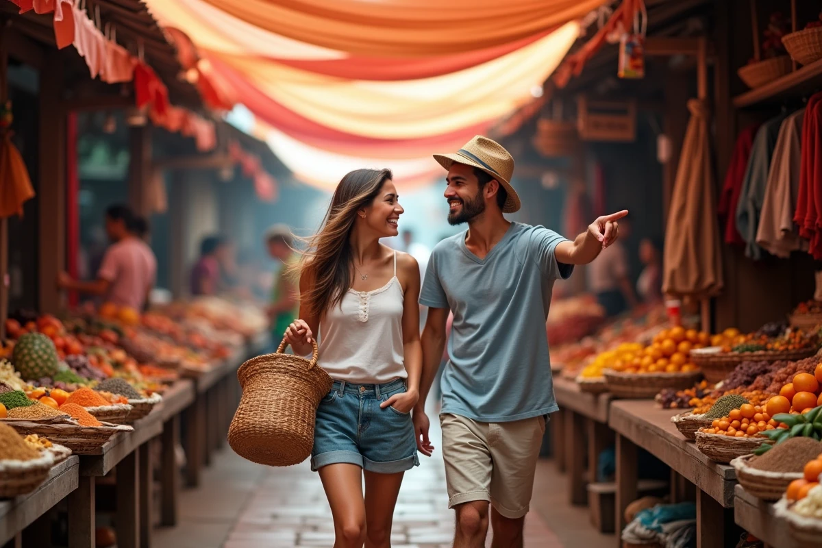 Couple de voyageurs explorant un marché en plein air coloré en Asie du Sud-Est avec épices et artisanat local