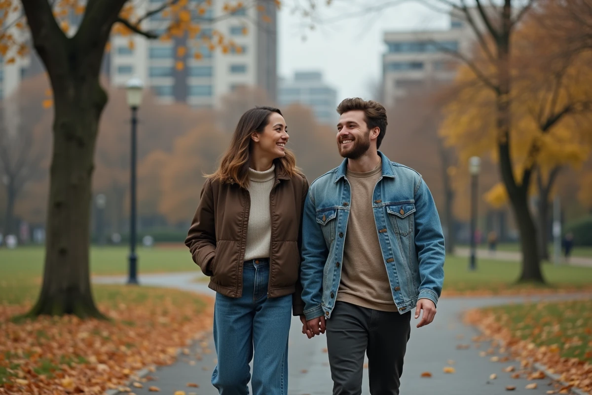 Couple de jeunes adultes se promenant dans un parc urbain en automne, évoquant une relation amoureuse dévoilée publiquement