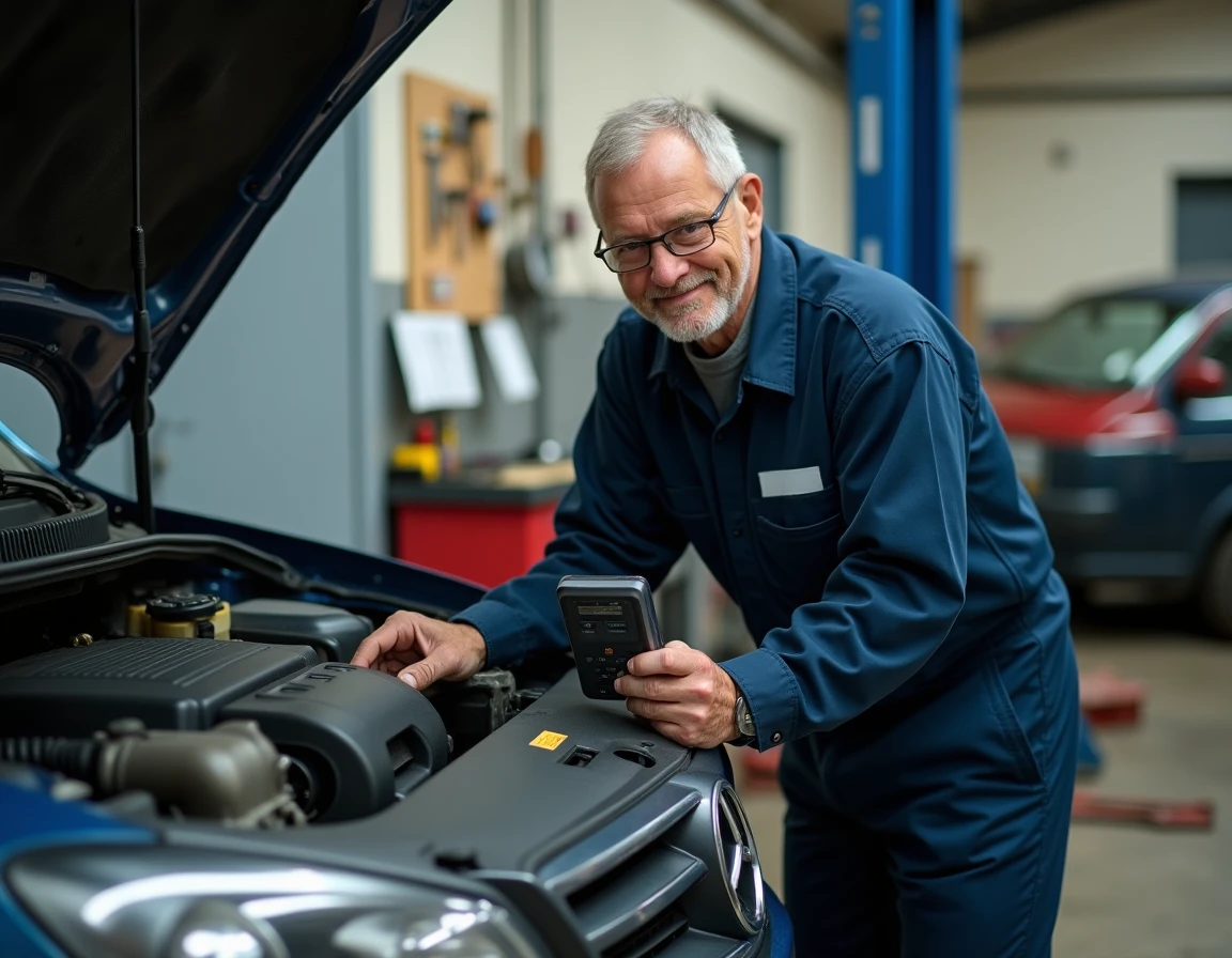 Un mécanicien professionnel effectuant un diagnostic électronique sur une voiture d'occasion en garage