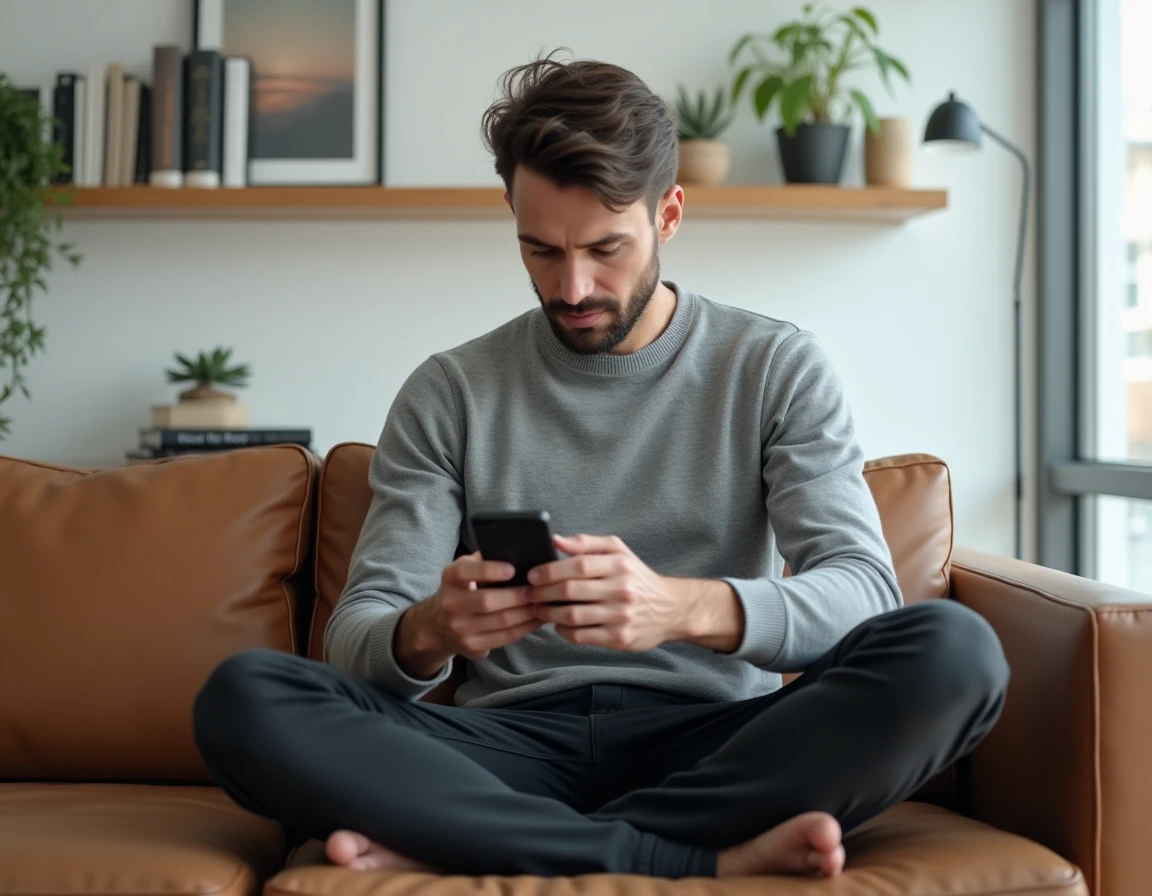 Jeune entrepreneur consultant son smartphone pour envoyer un email important depuis son bureau à domicile