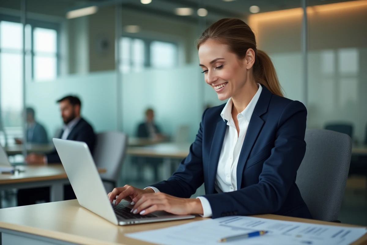 Employée BNP Paribas consultant sa fiche de paie en ligne sur le portail Alis depuis son poste de travail en open space