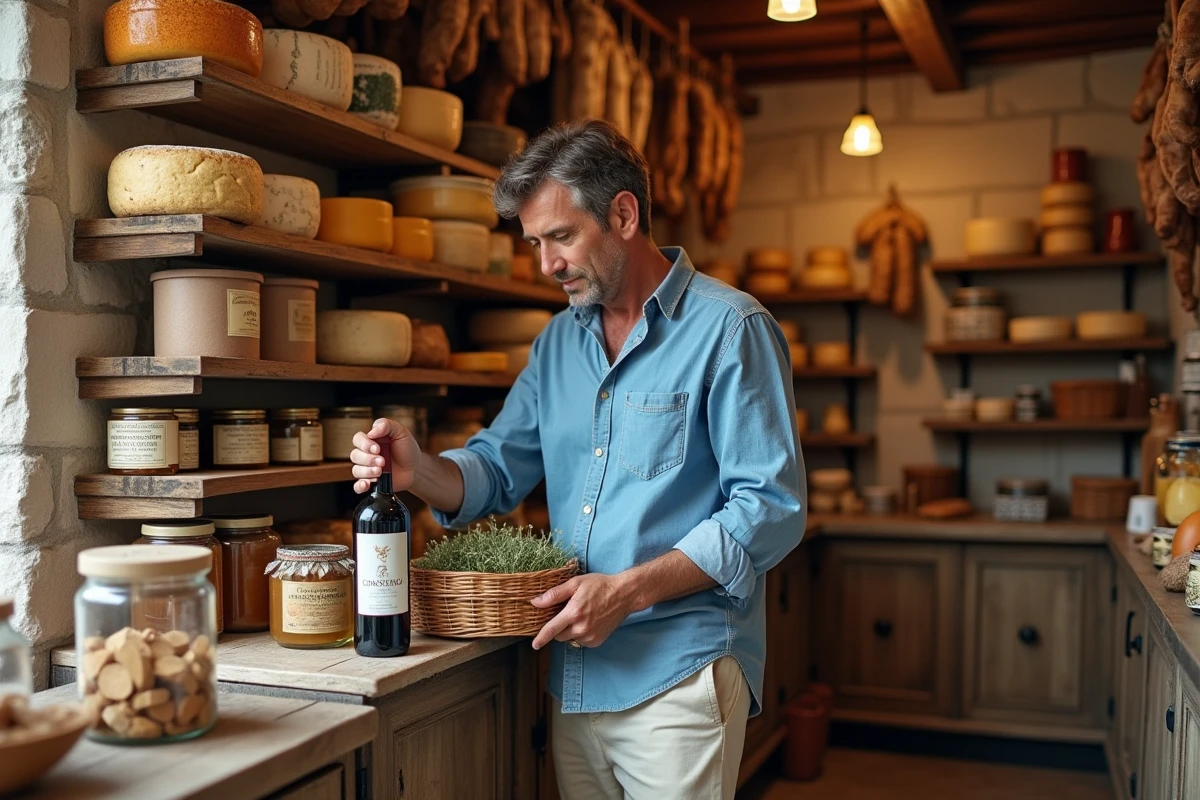 Homme sélectionnant du vin Cannonau dans une épicerie fine traditionnelle sarde remplie de produits locaux typiques