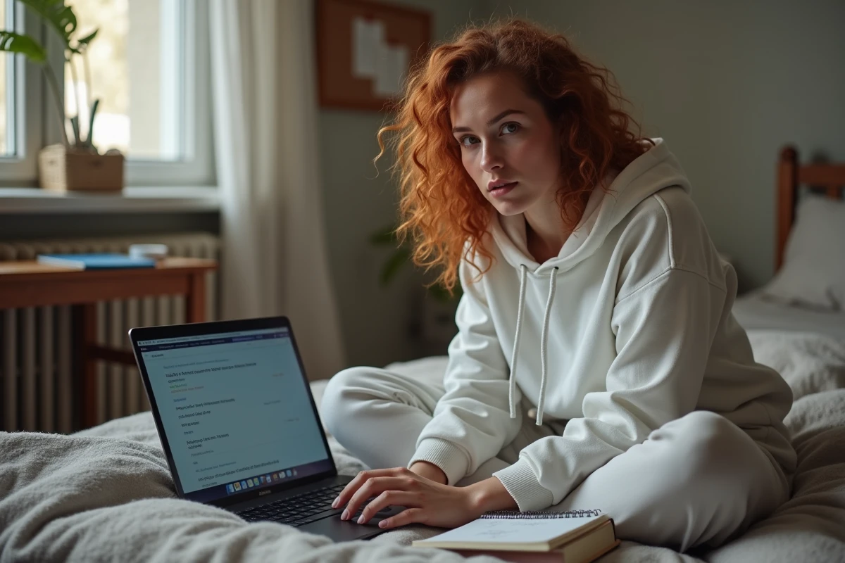 Jeune étudiante suivant un cours en ligne sur son ordinateur portable depuis sa chambre avec des notes manuscrites