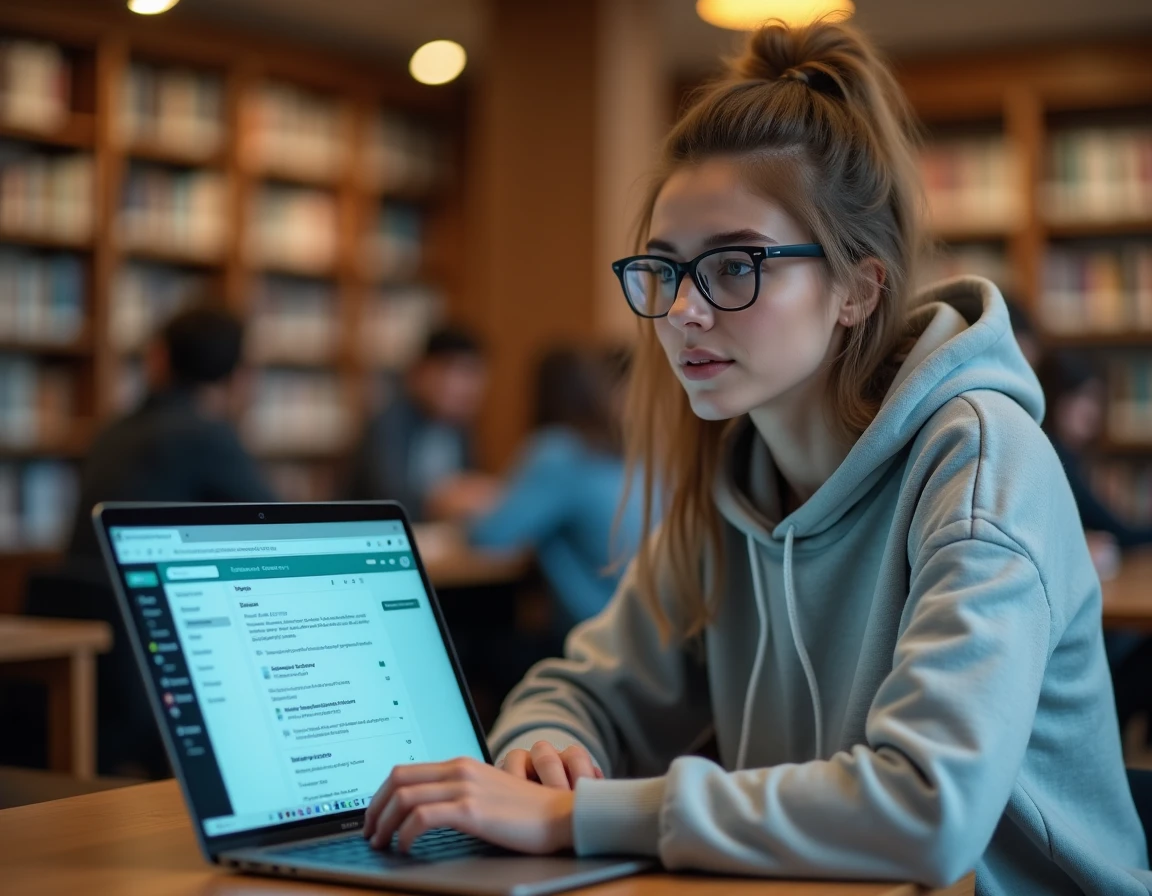 Étudiante universitaire consultant sa messagerie académique sur un ordinateur portable dans une bibliothèque à Lyon