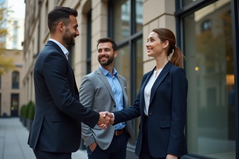 Femme d affaires serrant la main d un couple devant un immeuble