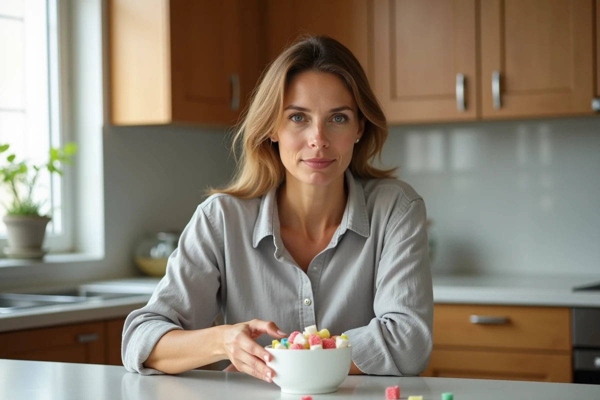 Femme repoussant un bol de sucreries pour illustrer l'arrêt du sucre et ses bienfaits sur la santé