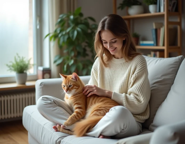 Jeune femme brossant son chat roux sur un canapé gris dans un salon cosy
