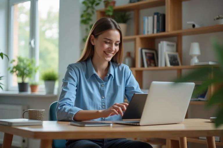 Jeune femme au bureau avec ordinateur et tablette