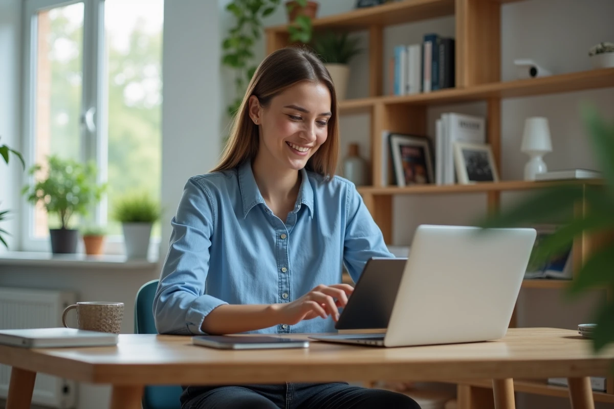 Jeune femme au bureau avec ordinateur et tablette