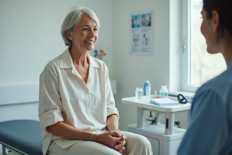 Femme d'environ 55 ans en consultation médicale rassurante