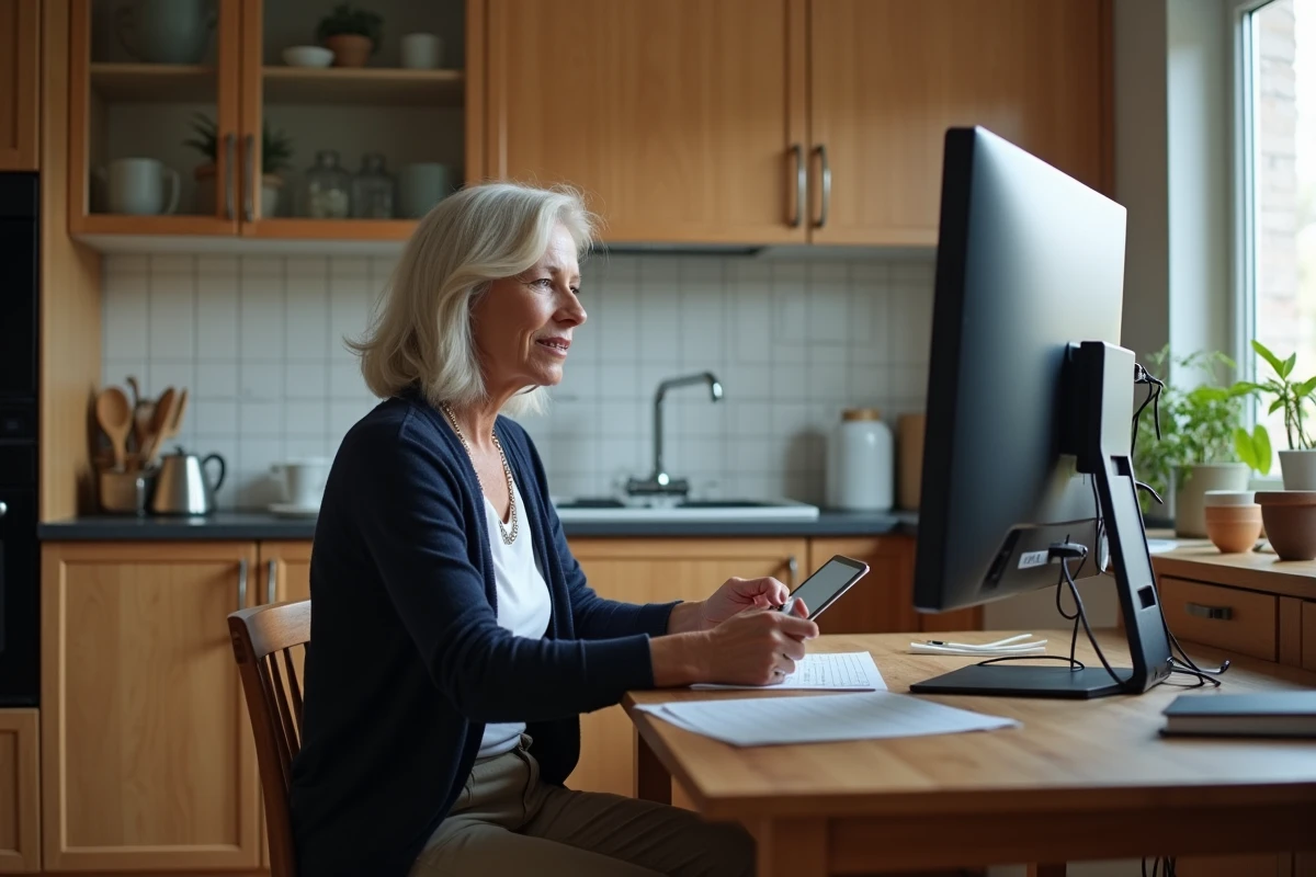 Femme assise à la table de cuisine regardant un film