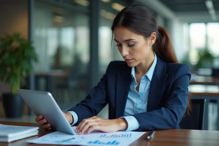 Femme professionnelle analysant des graphiques financiers sur tablette