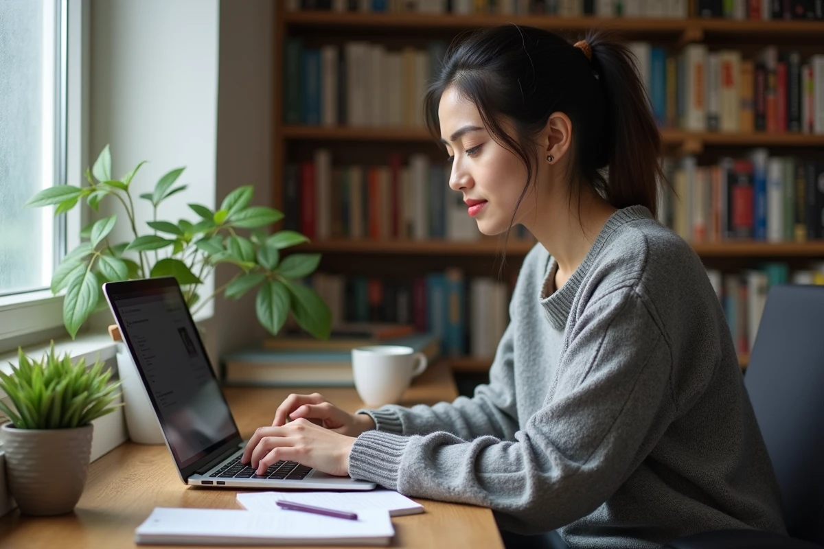 Femme suivant une formation en ligne depuis son bureau à domicile avec un ordinateur portable ouvert