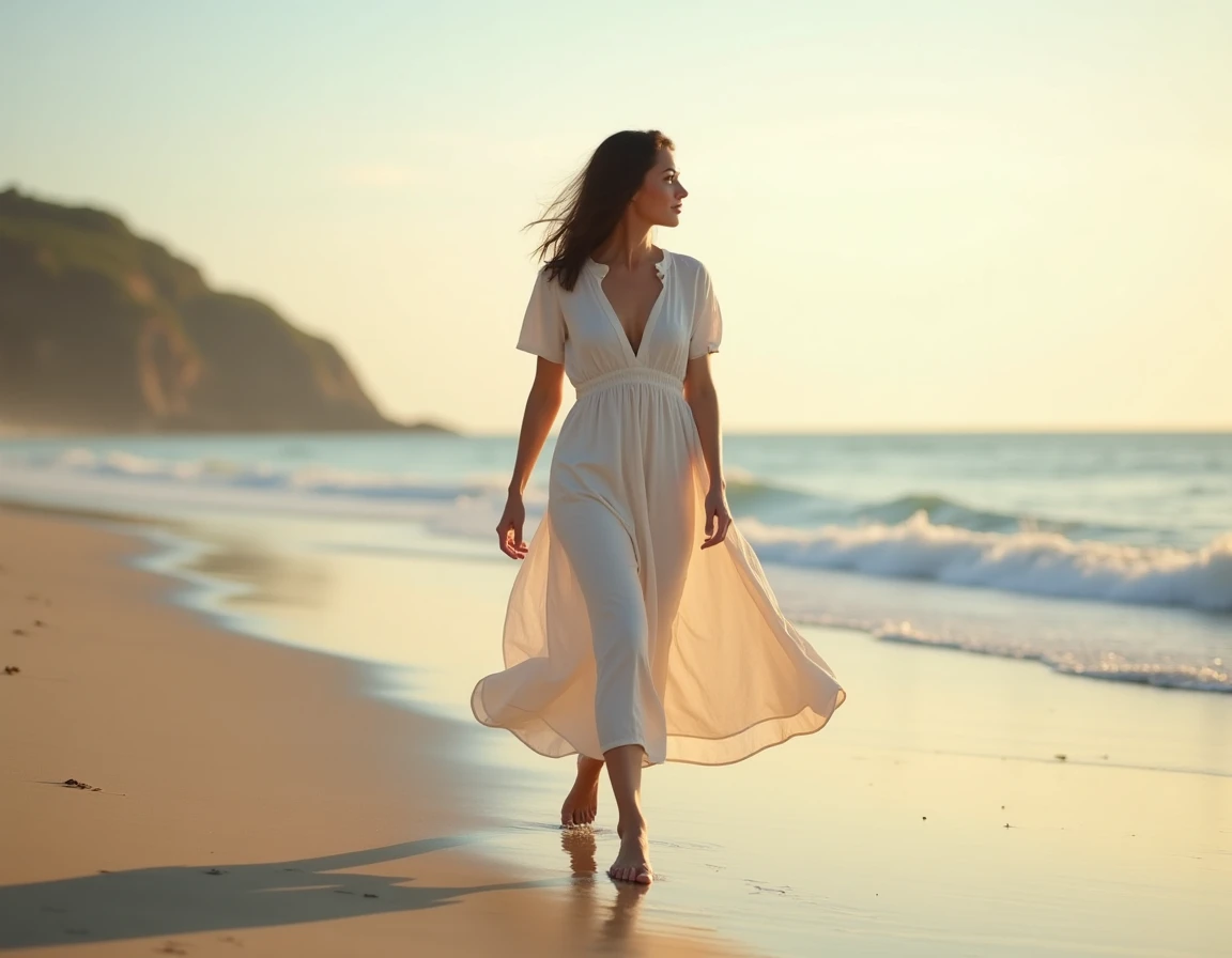 Jeune femme marchant pieds nus sur la plage au bord de la mer dans une attitude de détente et de bien-être personnel