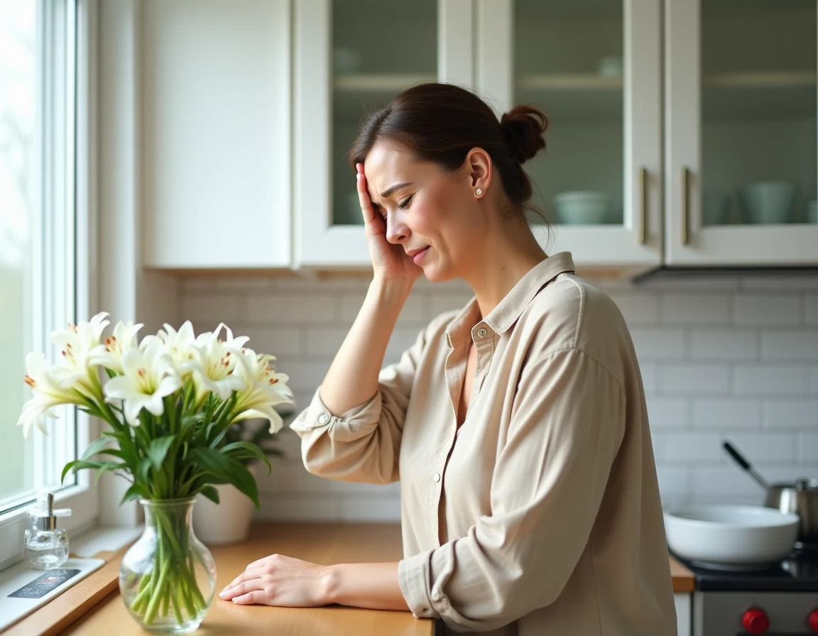 Femme s'éloignant d'un vase de lys blancs dans une cuisine, exprimant une gêne liée à l'odeur des fleurs