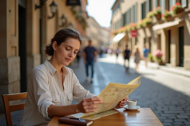Femme consultant une carte de voyage dans un café de rue européen pavé, avec un carnet de voyage en cuir et une tasse de café