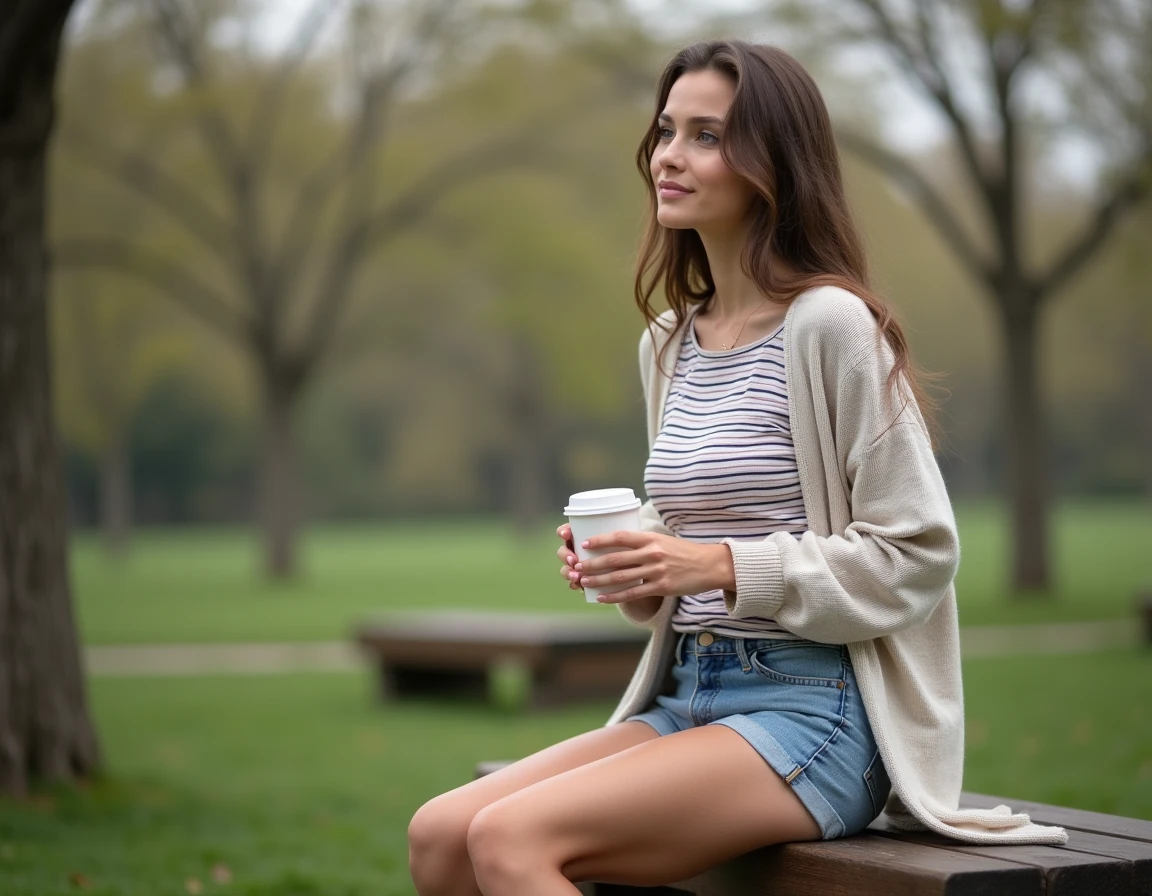 Femme en short en jean avec cardigan assise sur un banc de parc par temps frais