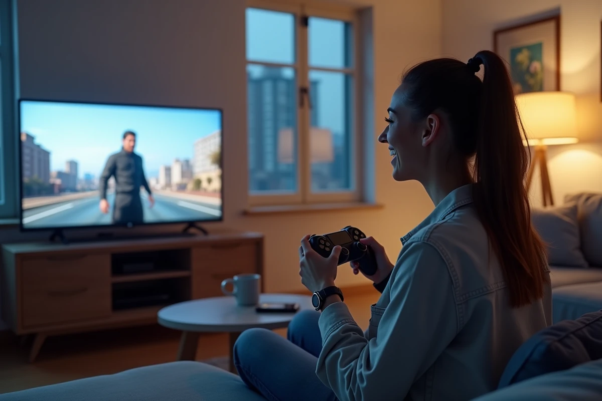 Femme souriante jouant à GTA 5 sur une télévision dans son salon