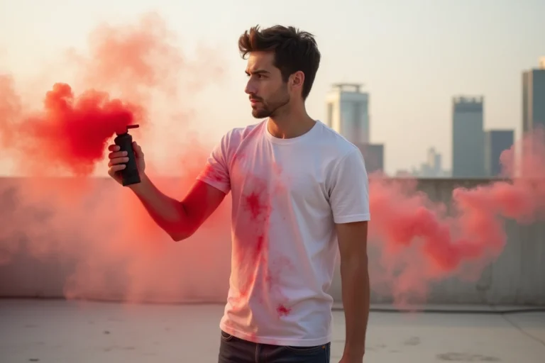 Jeune homme tenant un fumigène rouge qui tache son t-shirt blanc en plein air sur un toit urbain