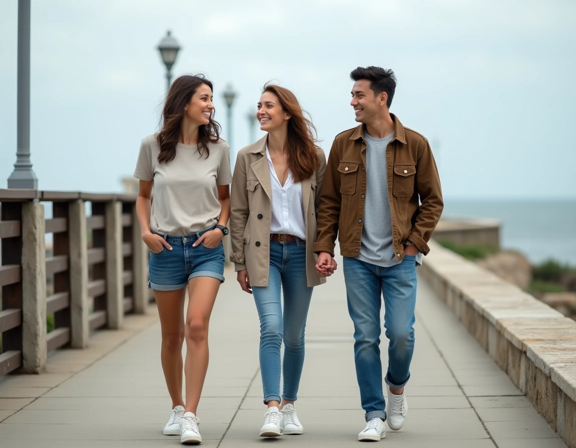 Groupe d'amis en short et en jean sur un bord de mer nuageux au printemps