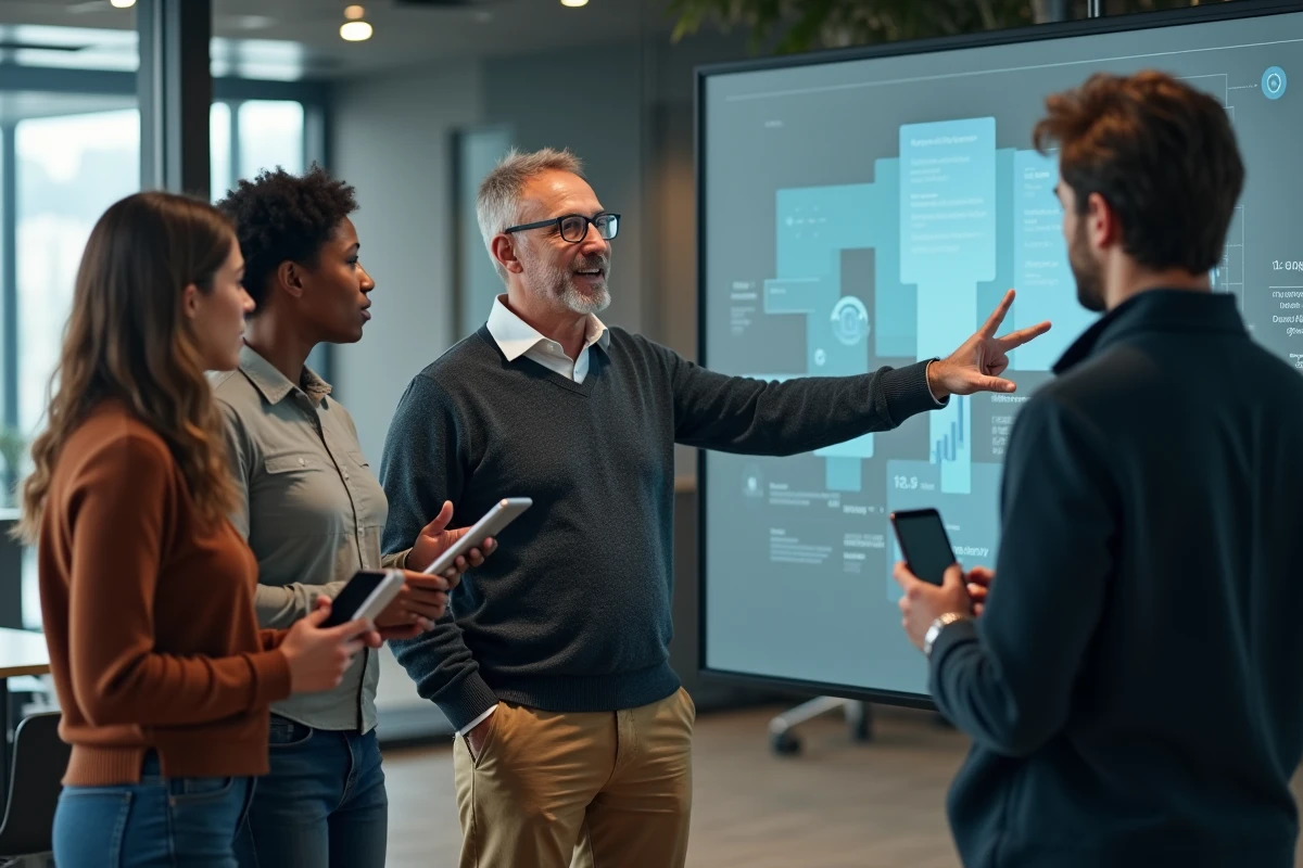 Groupe de collègues discutant dans un espace coworking