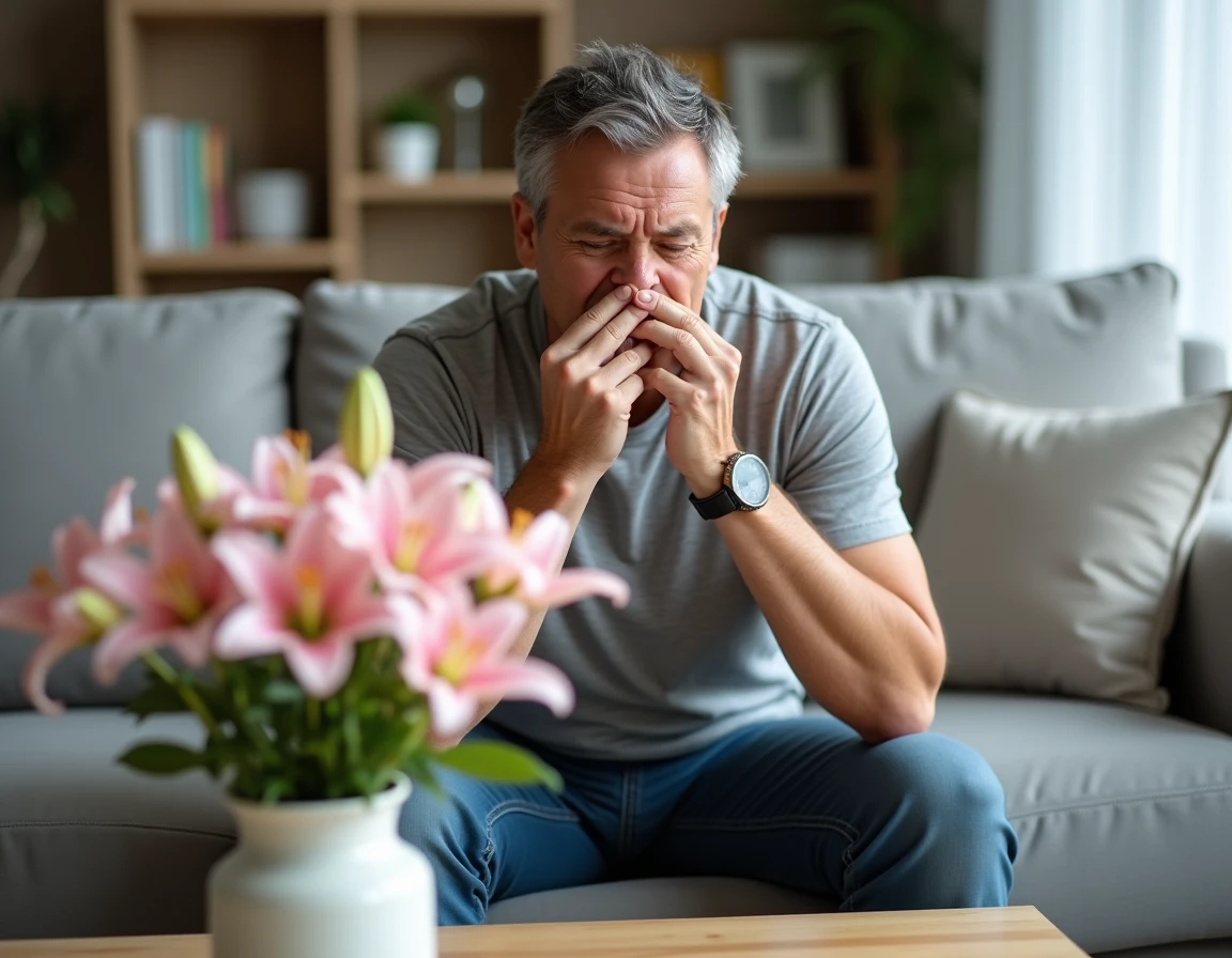 Homme se bouchant le nez face à un bouquet de lys dans un salon, représentant la gêne olfactive et les risques pour la santé