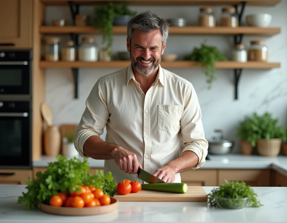 Homme préparant un repas équilibré et sain dans une cuisine moderne dans le cadre d'une démarche de bien-être au quotidien