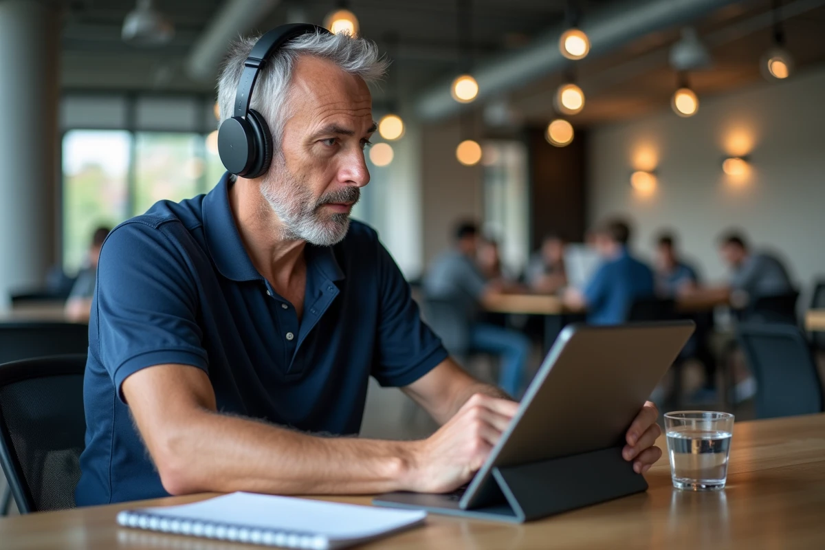 Homme en formation e-learning dans un espace de coworking moderne avec tablette et casque audio