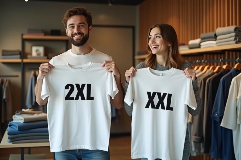 Deux adultes comparant des t-shirts taille 2XL et XXL dans un magasin