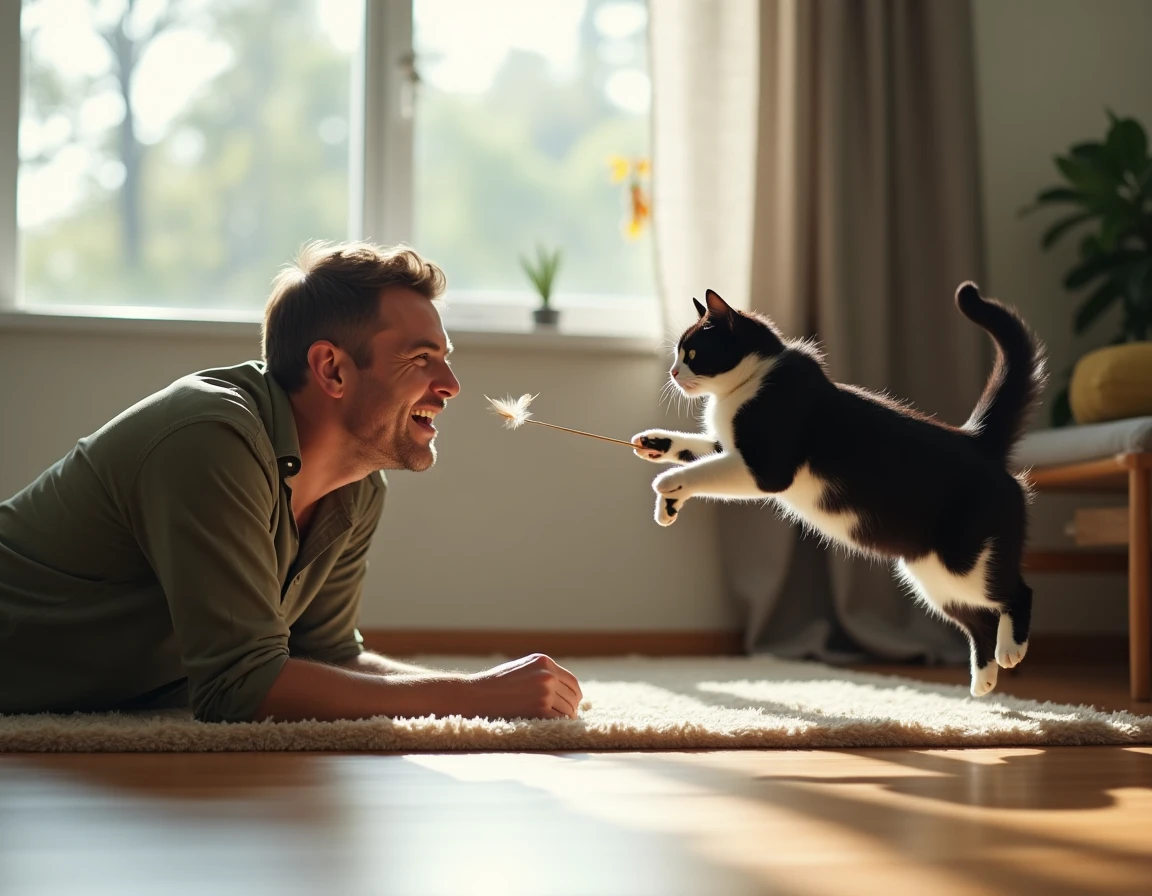 Homme jouant avec son chat noir et blanc avec un jouet à plumes dans un appartement