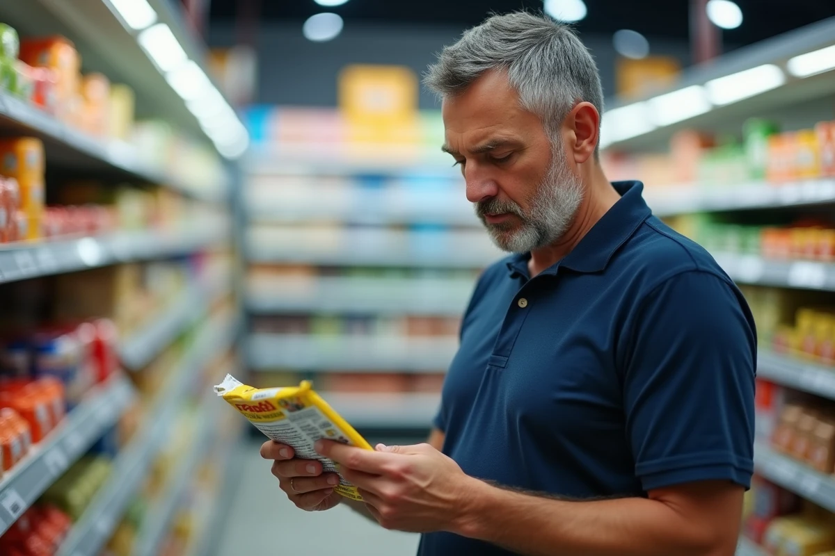 Homme lisant les étiquettes nutritionnelles au supermarché pour contrôler sa consommation de sucre