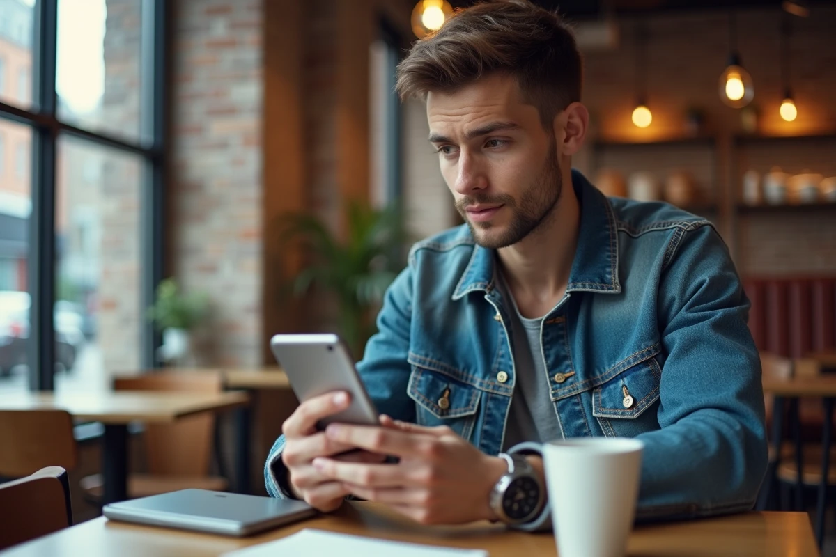 Jeune homme consultant son téléphone dans un café, symbolisant les révélations sur la vie sentimentale d'un influenceur populaire