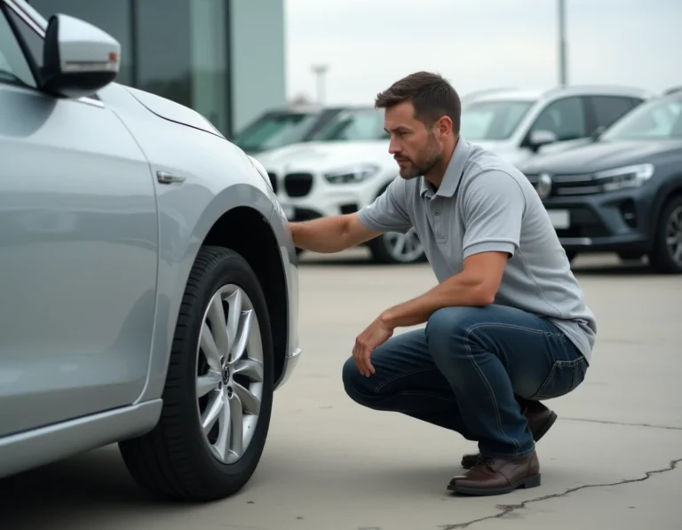 Un homme inspectant attentivement la carrosserie d'une voiture d'occasion dans un parking de concessionnaire