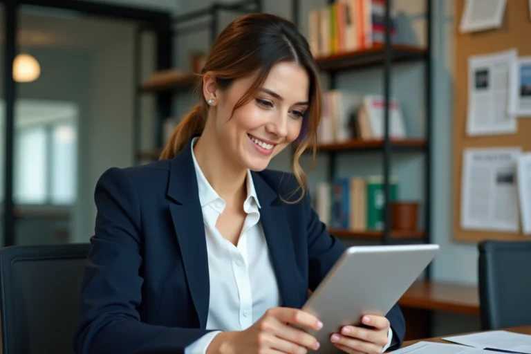 Jeune femme professionnelle lisant actualités sur tablette